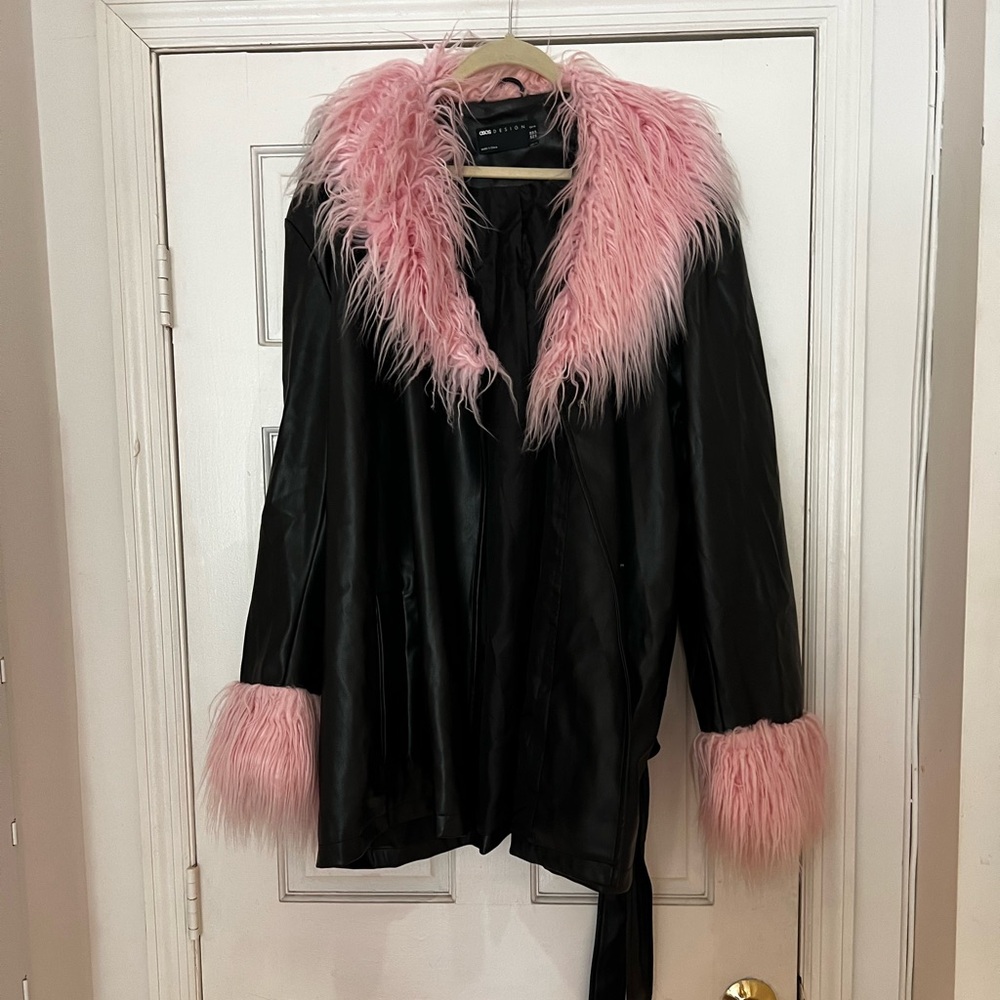 ASOS Curve Black Leather Jacket with Pink Fur Trim
